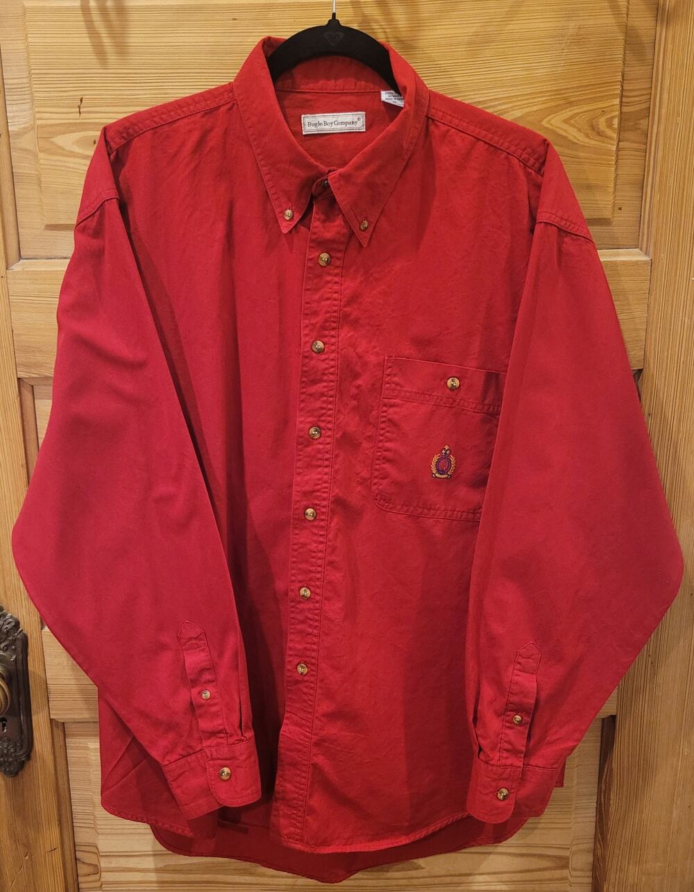 VTG 90s Bugle Boy Shirt Mens XL Red Heavy Cotton Crest Embroidered Button Down